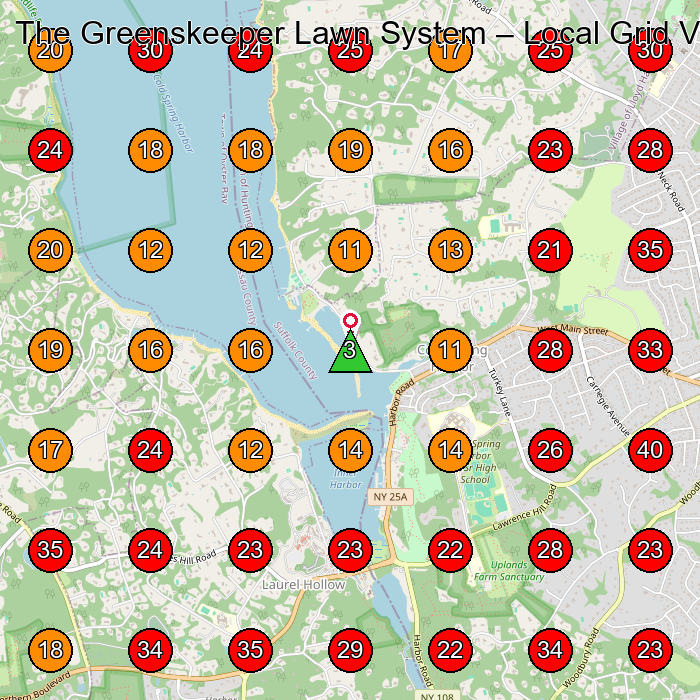 The Greenskeeper Lawn System GeoGrid visibility map for Lawn Care Service in Huntington Station